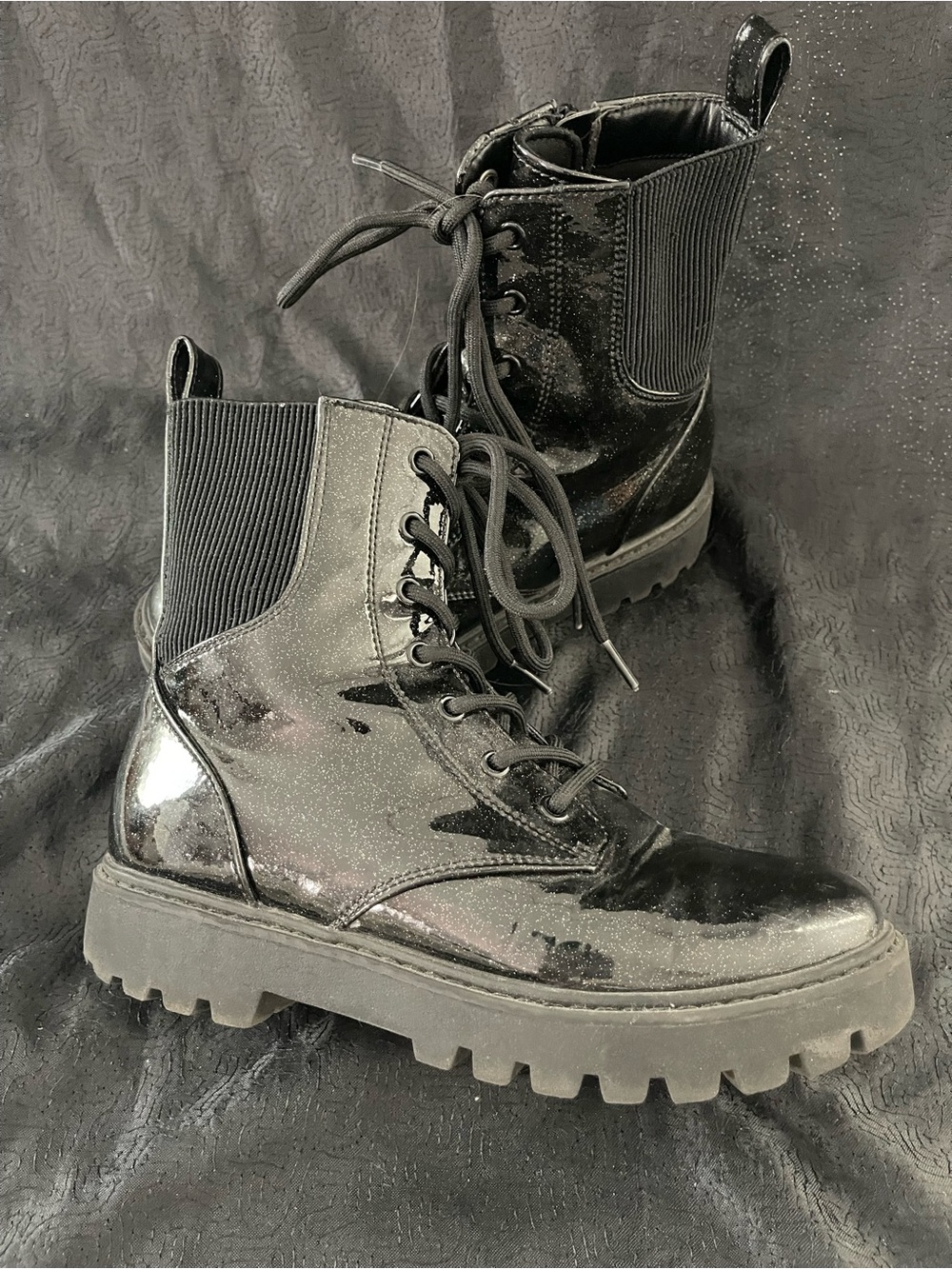 art class Black Glitter Patent Lace-Up Combat Boots with Lug Sole